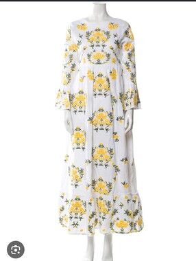 Agua Bendita PAPAYA ARAGUANES Linen Floral Embriodered Long-Sleeve Maxi Dress XS
